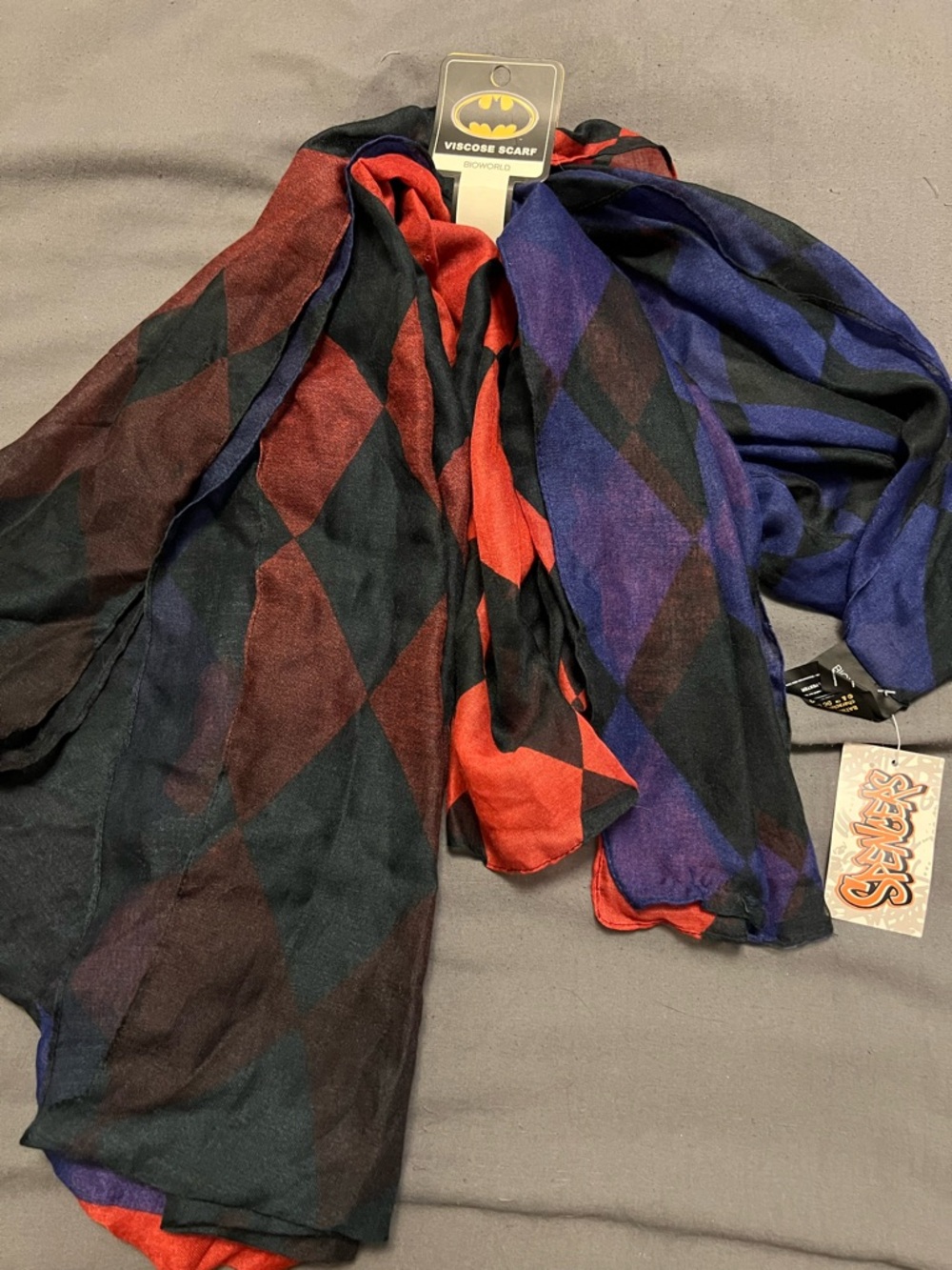 DC Comics Batman Black Scarf with Purple and Blue Harlequin Diamonds